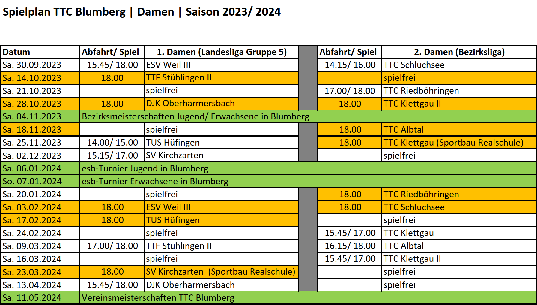 Spielplan TTC Blumberg Damen Saison 2023 2024